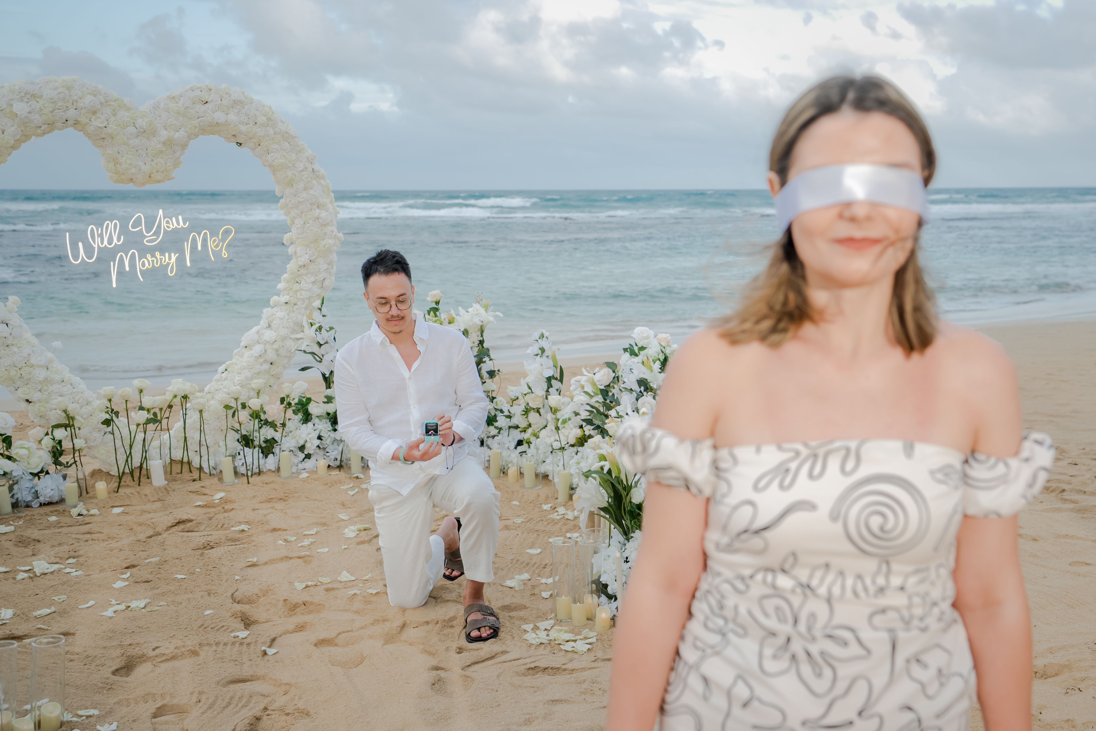 Romantic dinner proposal Punta Cana beach setup candles
