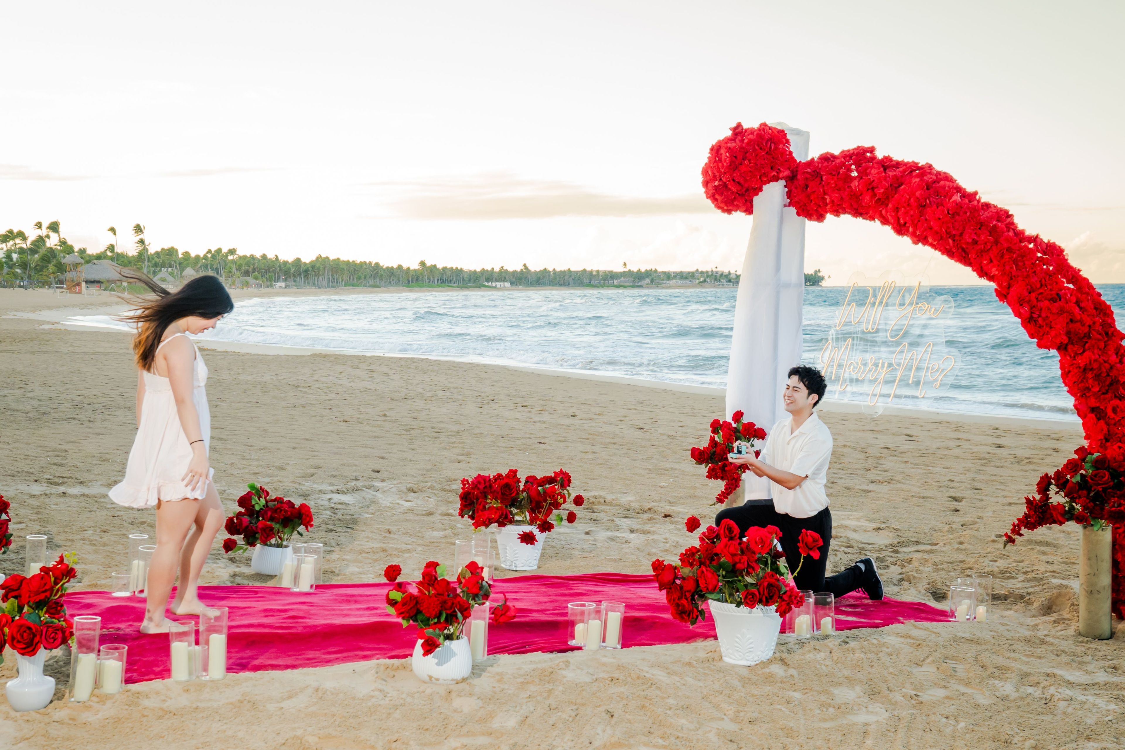 Punta Cana proposal beach setup candles romantic dinner