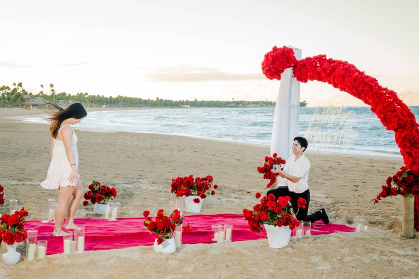 Punta Cana proposal beach setup candles romantic dinner