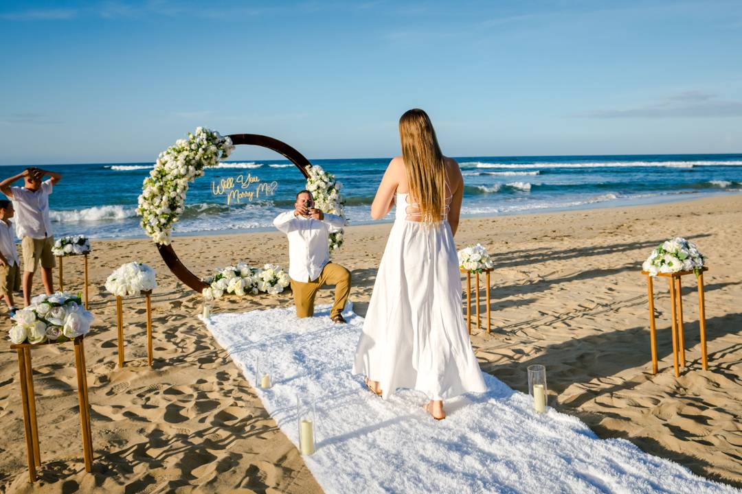 Full service Punta Cana beach proposal setup dinner candles