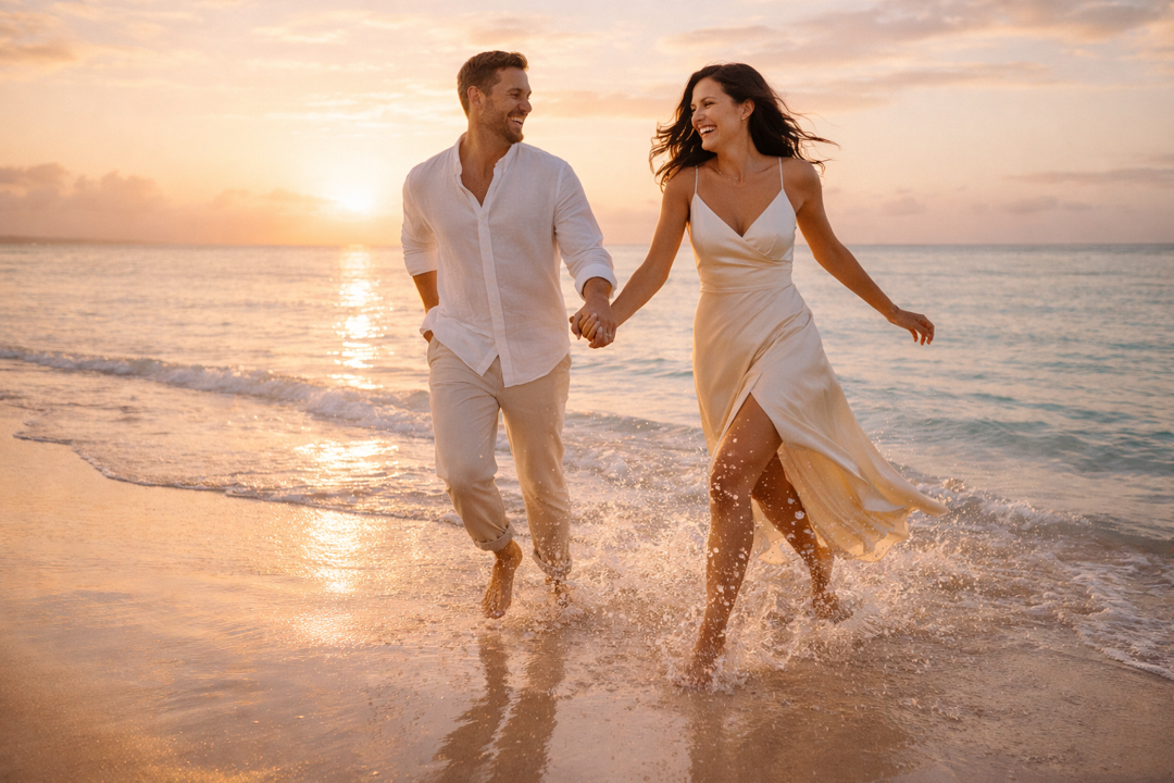 Honeymoon couple walking at sunset in Punta Cana beach