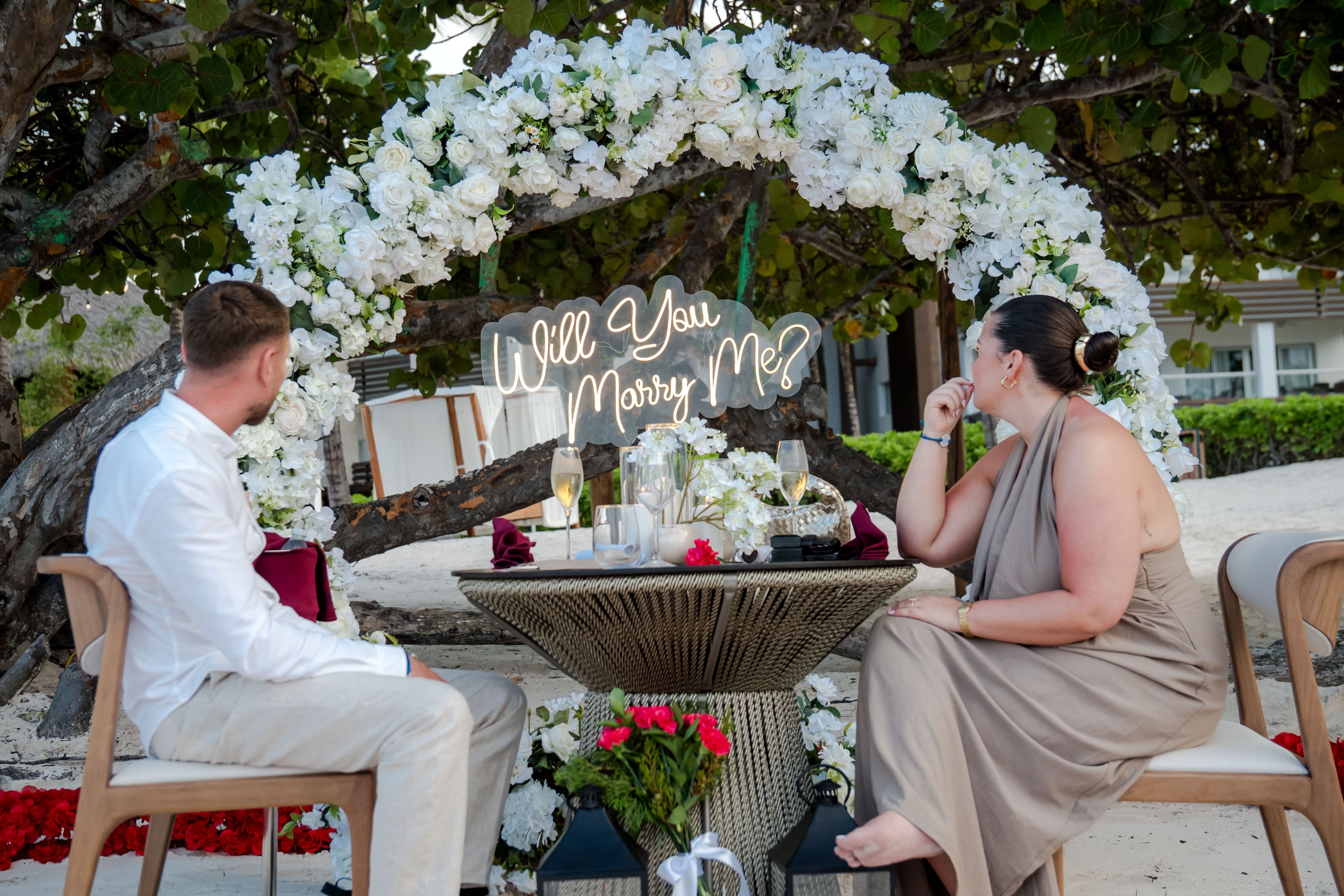 Romantic dinner proposal setup in Punta Cana beach