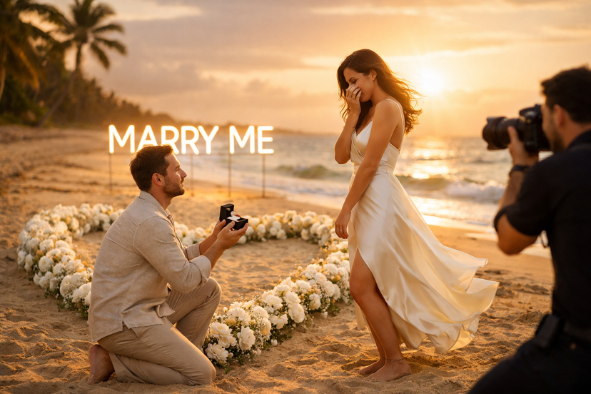 Romantic Punta Cana beach proposal at golden sunset